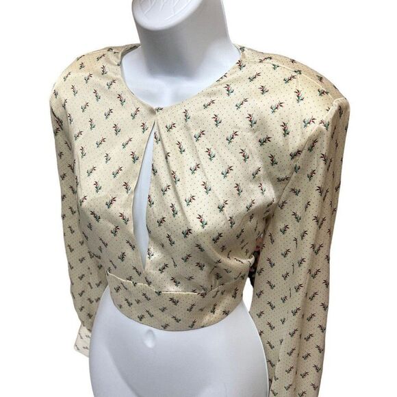 ZARA L SATIN SHOULDER PAD BLOUSE FLORAL & DOTS CREAM SLIT SEXY CROP BLOGGERS NEW - Picture 2 of 15